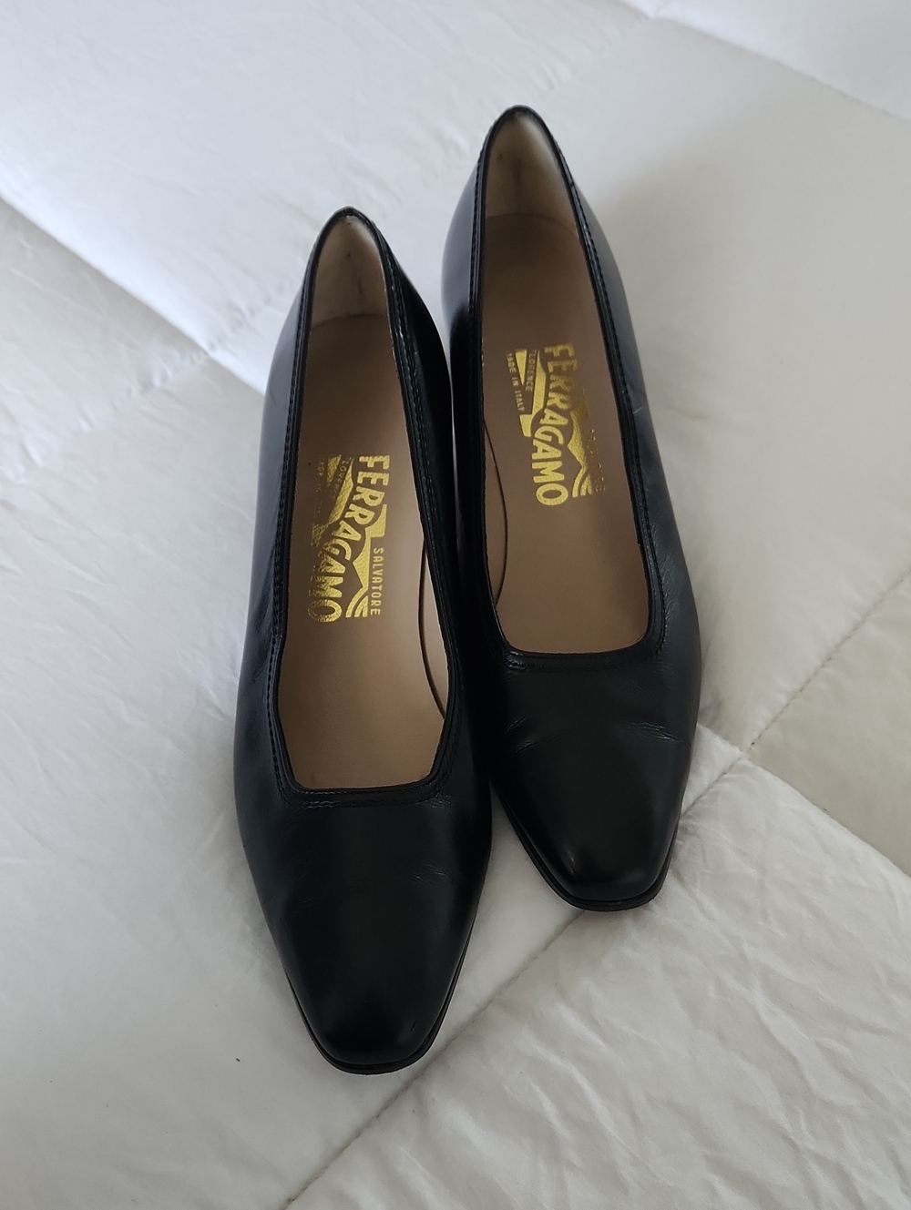Salvatore Ferragamo Black Leather Square-Toe Pumps